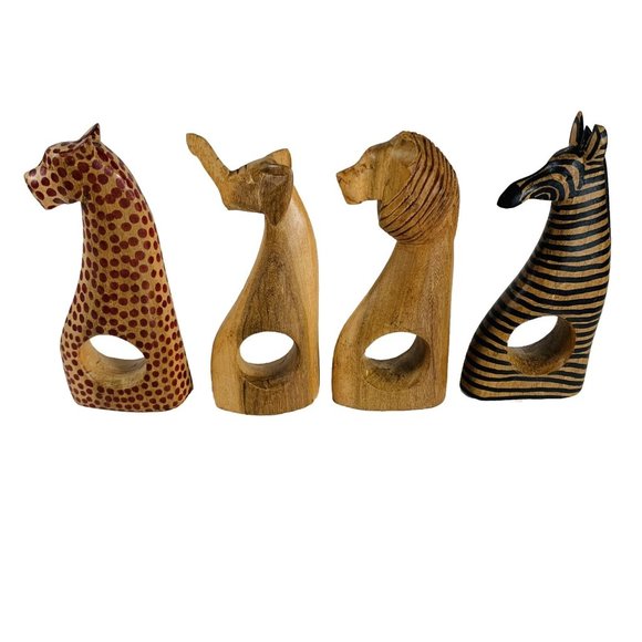 Wooden Carved Safari Animals Napkin Rings 4 Holder Zebra Leopard Tiger Elephant - Picture 6 of 16